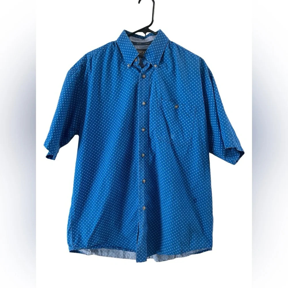 Blue wrangler twenty x short sleeve blue button down shirt